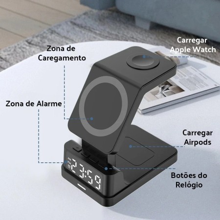 Carregador 3 em 1 com Relógio Despertador